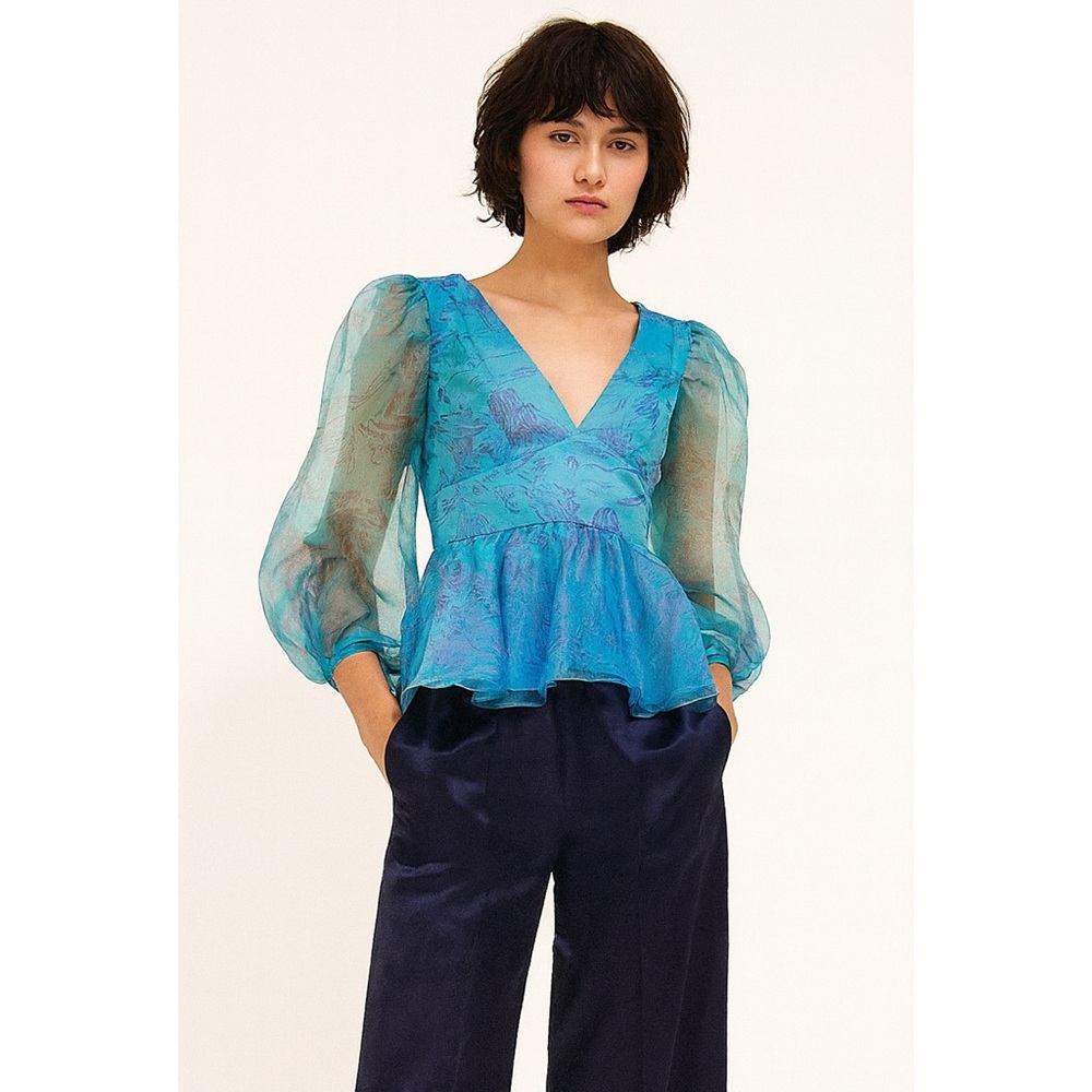 STAUD Fairycore Print Organza Puff Sleeve V-Neckβ Y2K Coquette Girl Peplum Top 0